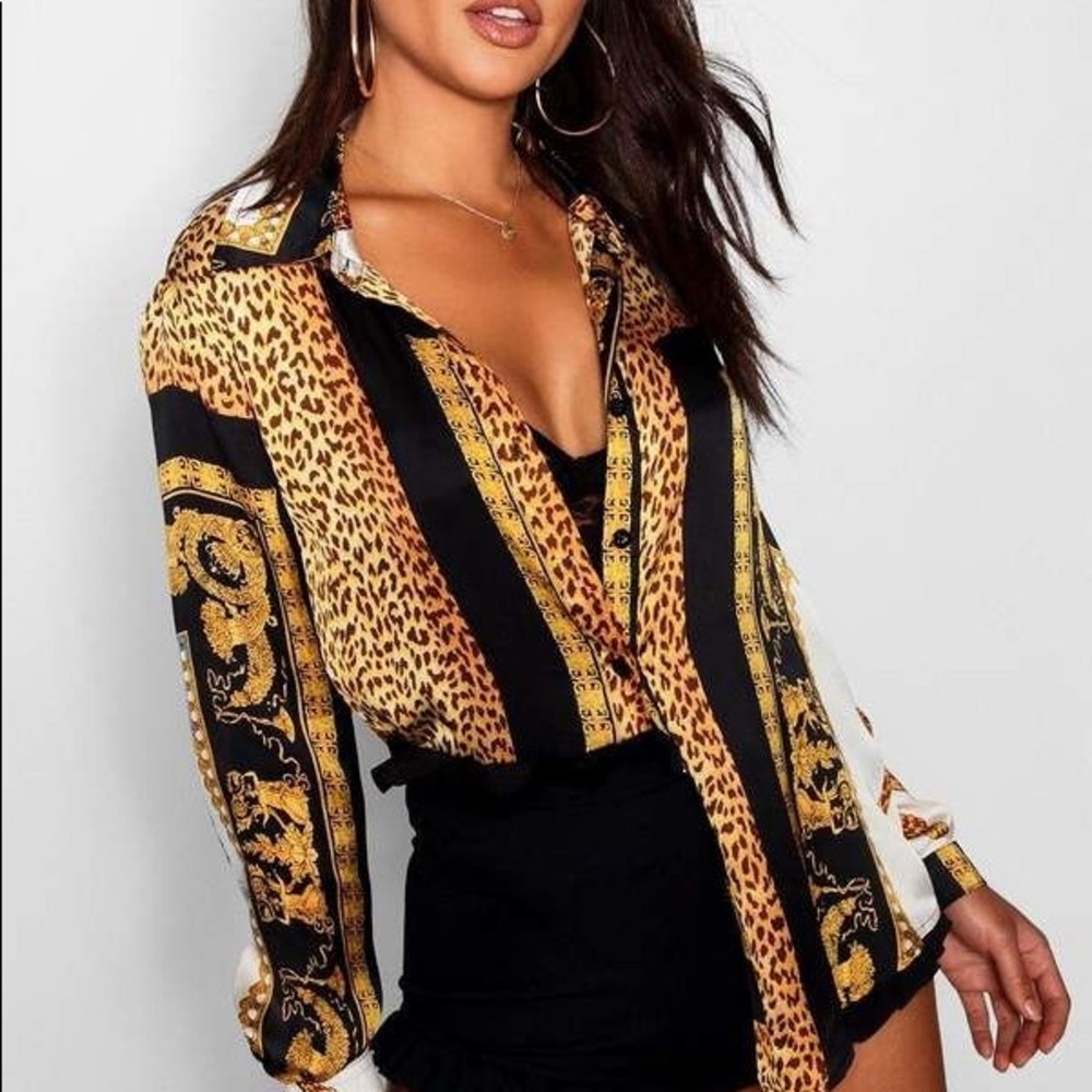 Silk Scarf Leopard Print Button Up Top
